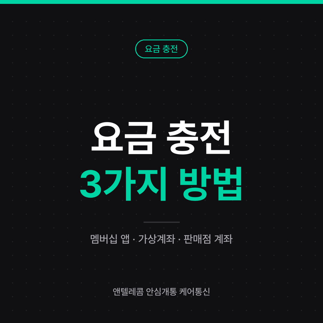 선불폰 요금 충전 방법 안내 카드 — 멤버십 앱, 가상계좌, 판매점 계좌 세 가지